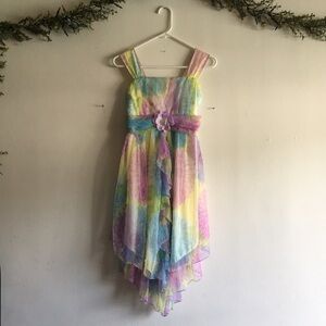 Bonnie Jean Sz 16 Girls Pastel Sleeveless Dress Floral Tulle Ruffle Asymmetrical